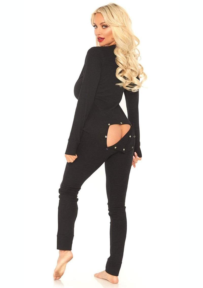 Leg Avenue Cozy Brushed Rib Long Johns with Cheeky Snap Closure Back Flap - Black