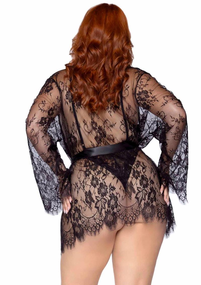 Leg Avenue Floral Lace Teddy with Adjustable Straps and Cheeky Thong Back Matching Lace Robe with Scalloped Trim and Satin Tie (3 pieces) - 1X/2X - Black