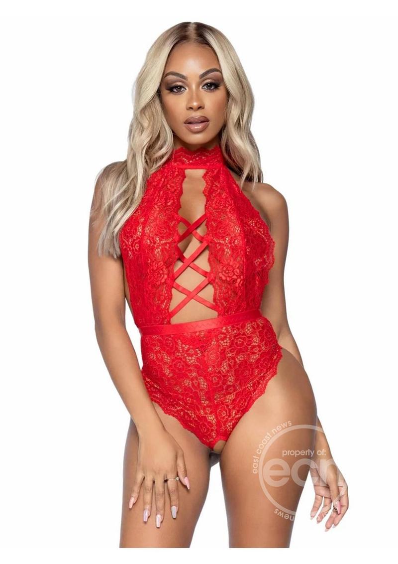 Leg Avenue High Neck Floral Lace Backless Teddy with Lace Up Accents and Crotchless Thong Panty - - Red