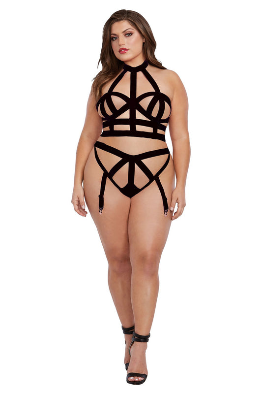 Plus Size One Size Queen Elastic Bralette & Garter Panty Set with Adjustable Back Neck Closures