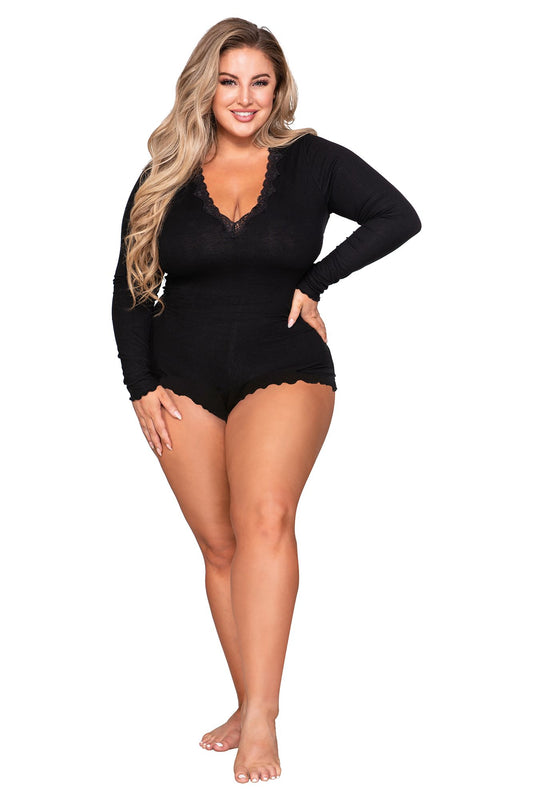 Plus Size Stretch Rib Knit Sleepwear Romper with Plunge Neckline
