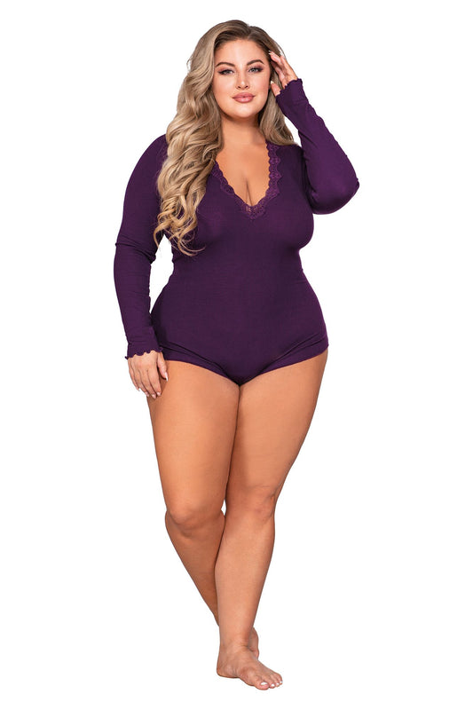 Plus Size Stretch Rib Knit Sleepwear Romper with Plunge Neckline