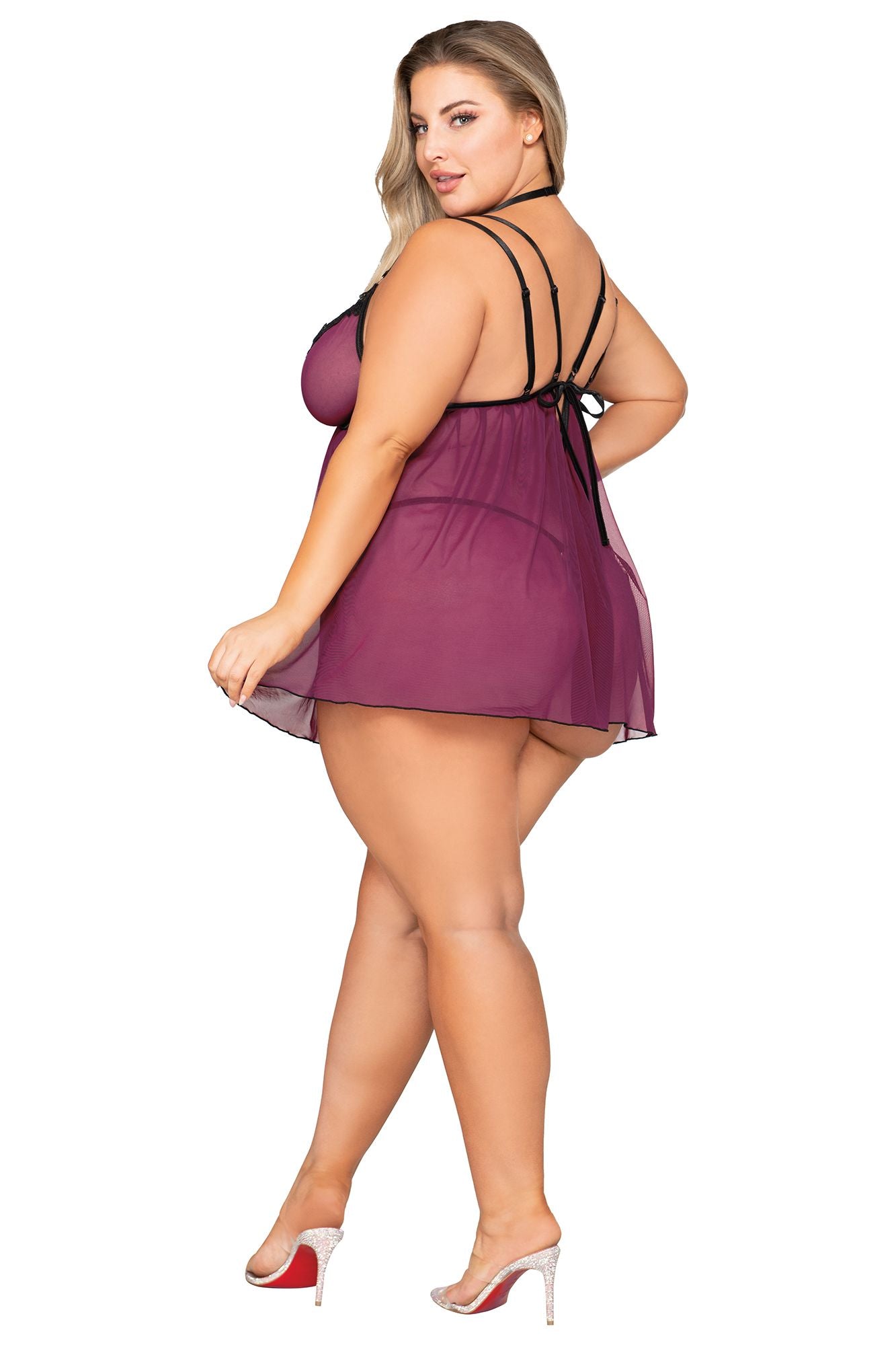 Stretch Mesh Babydoll & G-String Set with Venise Lace Trim