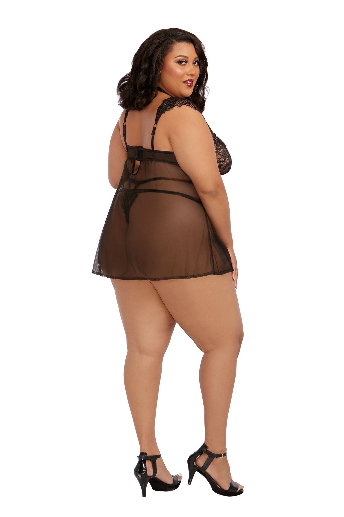 Underwire Stretch Mesh & Eyelash Lace Fly-A-Way Front Babydoll 12351 & 12351x