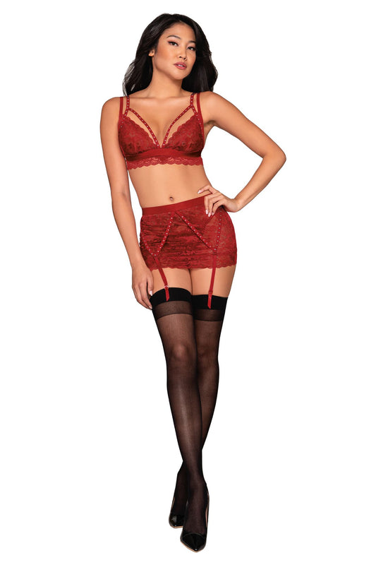 Scalloped Lace Bralette, Garterskirt & G-String Set with Studded Strapping