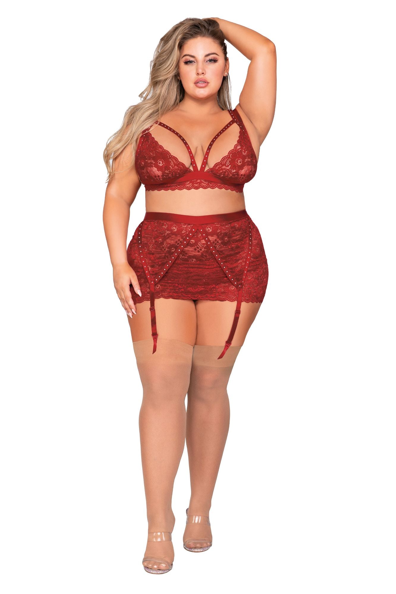 Scalloped Lace Bralette, Garterskirt & G-String Set with Studded Strapping