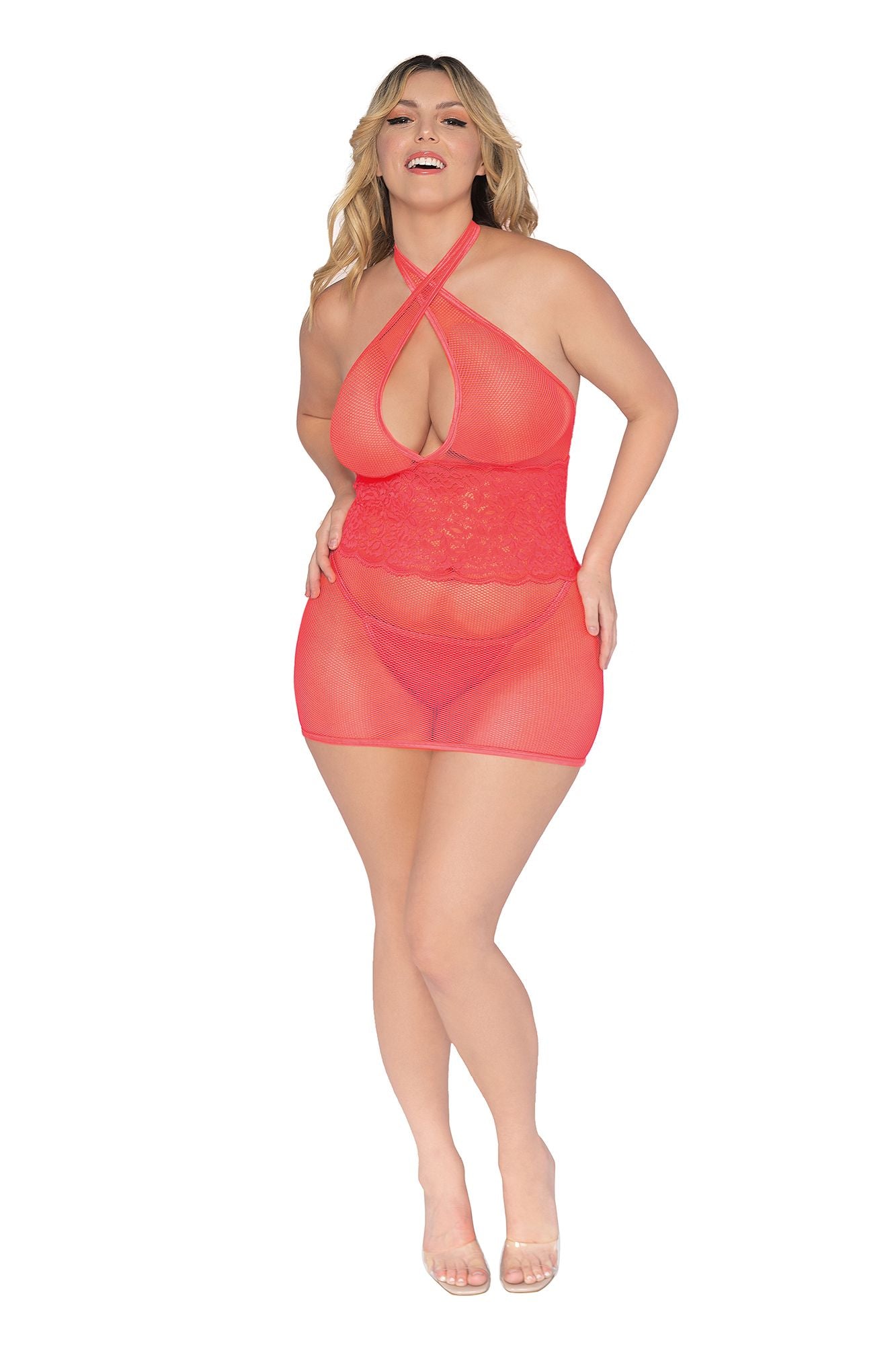 Plus Size Fishnet & Scalloped Lace Chemise with Back Neck Tie- One Size Queen