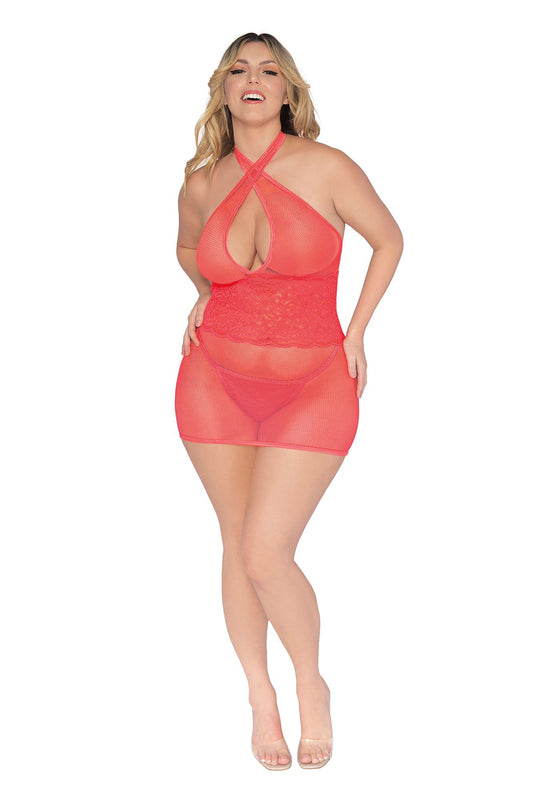 Plus Size Fishnet & Scalloped Lace Chemise with Back Neck Tie- One Size Queen