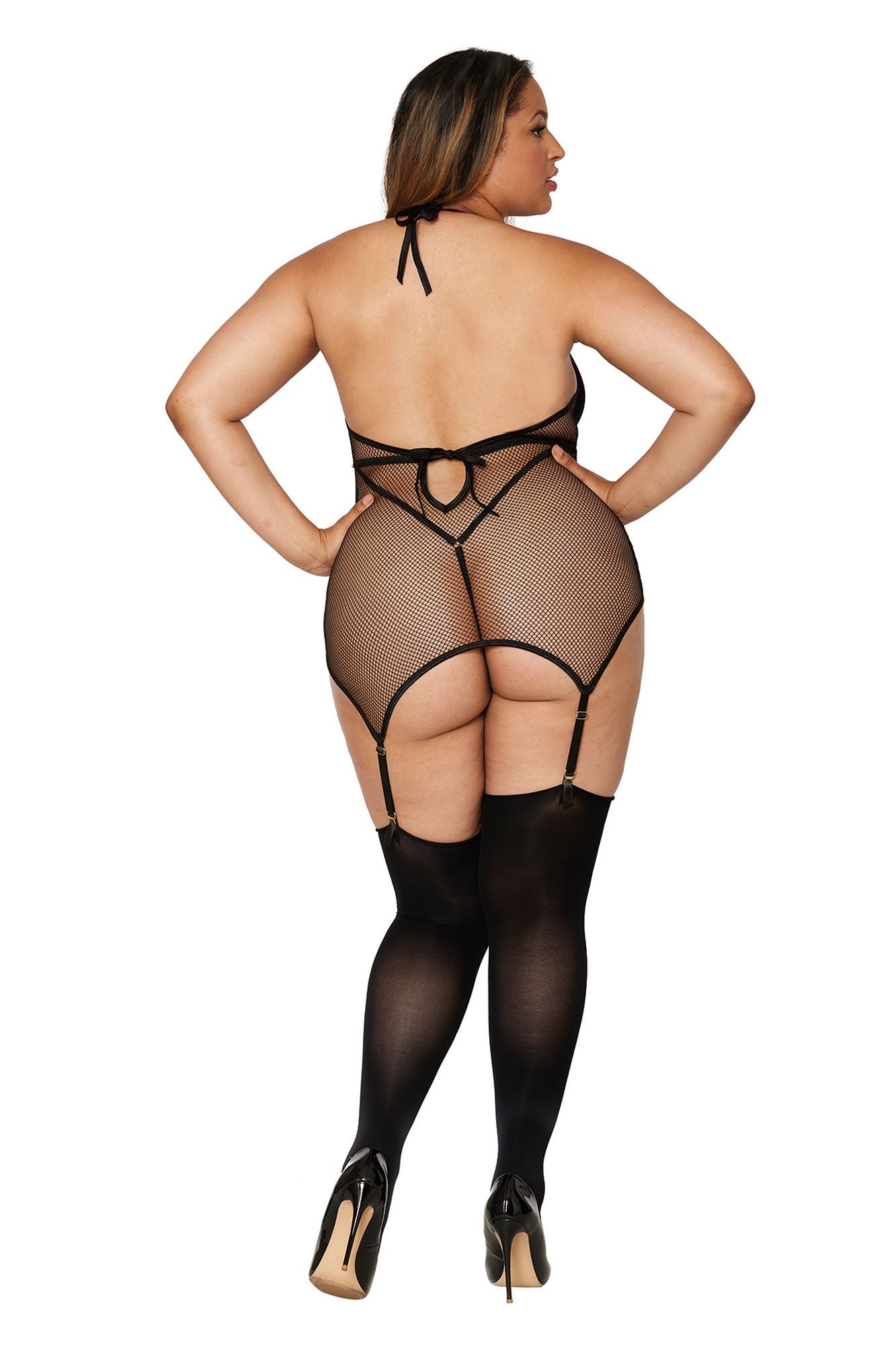 Two-layer stretch fishnet garter slip with faux-vinyl inside teddy