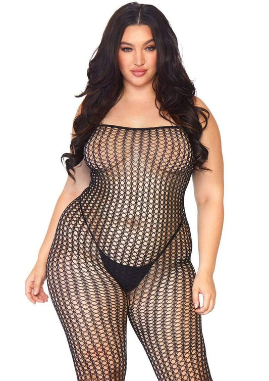 Leg Avenue Seamless Crochet Net Spaghetti Strap Bodystocking - Plus Size - Black