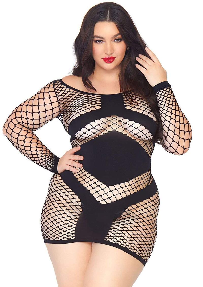 Leg Avenue Diamond Net Long Sleeved Mini Dress with Opaque Panel Accents - Plus Size - Black