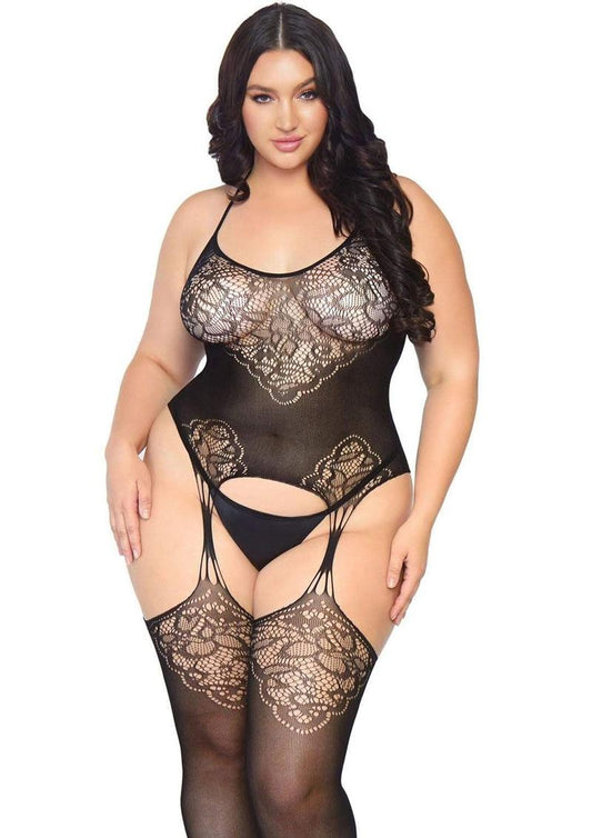 Leg Avenue Seamless Jacquard Lace Suspender Bodystocking - 1X/2X - Black