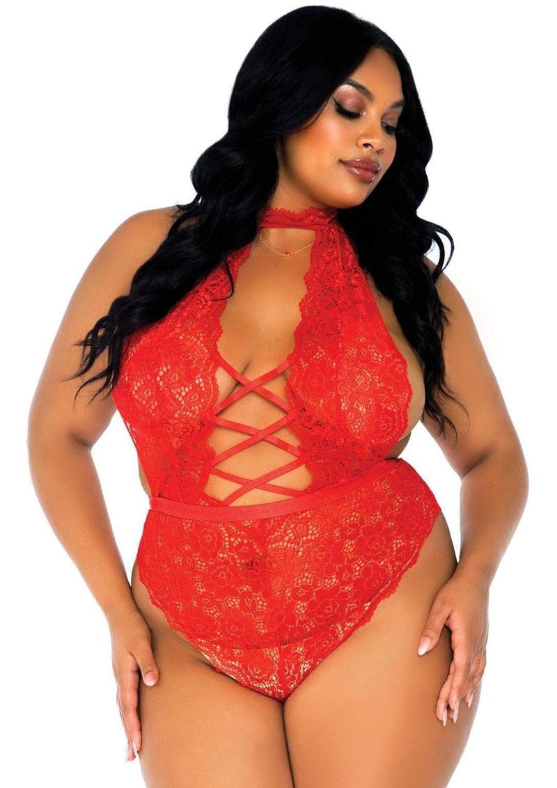 Leg Avenue High Neck Floral Lace Backless Teddy with Lace Up Accents and Crotchless Thong Panty - 1X/2X - Red