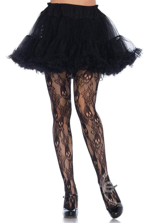 Leg Avenue Black Rose Skull Lace Tights - 1X-2X - Black