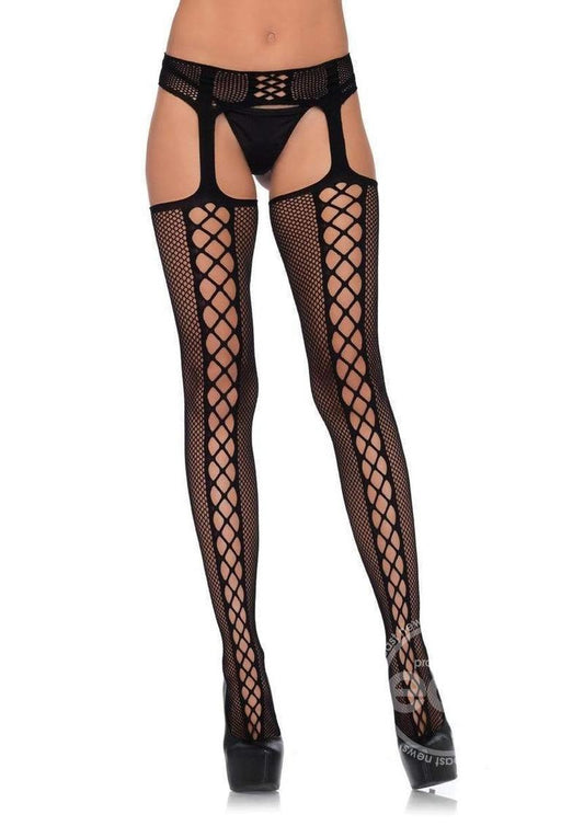 Leg Avenue Faux Lace Up Dual Net Backseam Stockings with Attached Garterbelt - Black