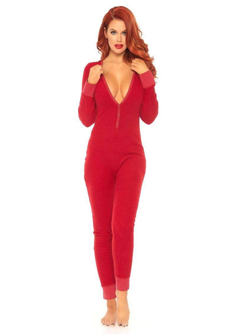 Leg Avenue Cozy Brushed Rib Long Johns with Cheeky Snap Closure Back Flap - M/L - Red