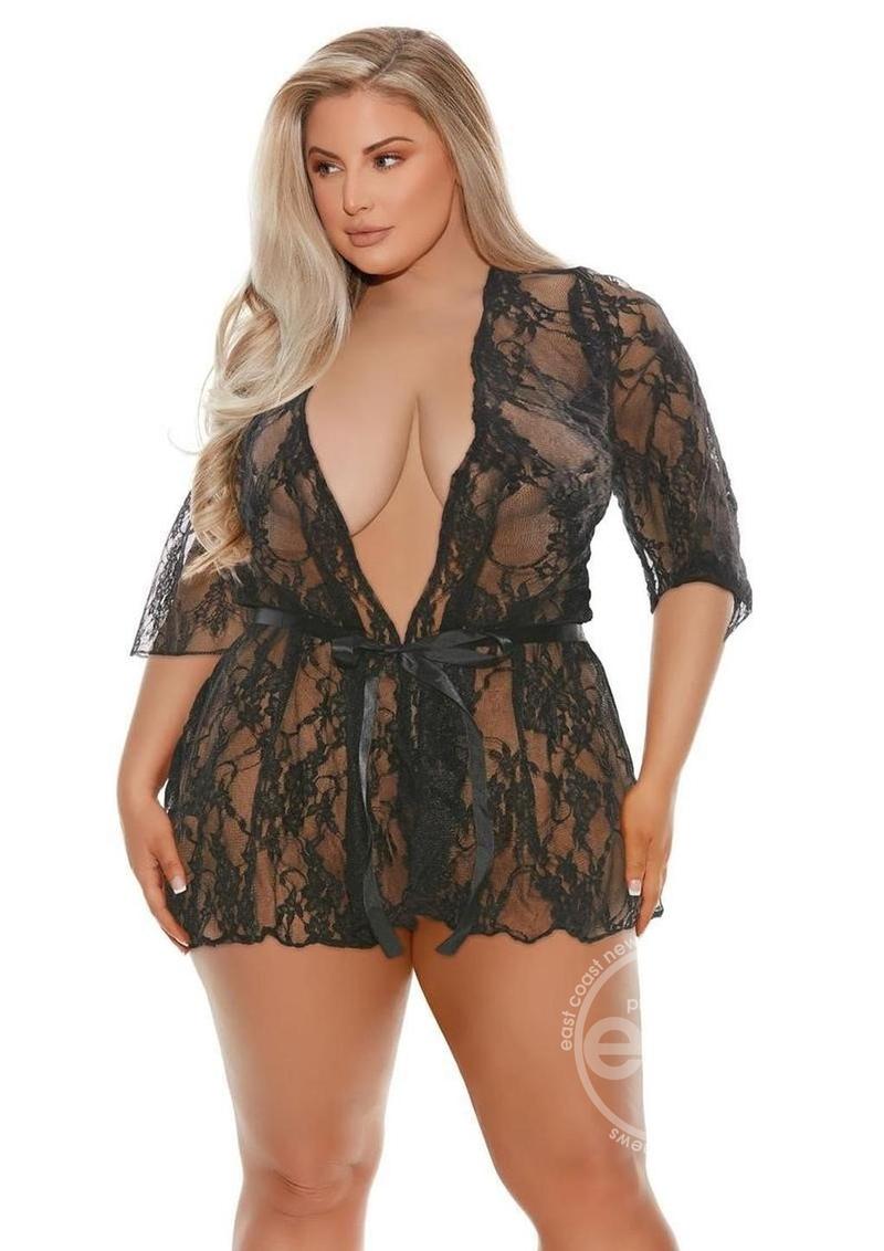 Barely Bare Lace Robe - Plus Size - Black