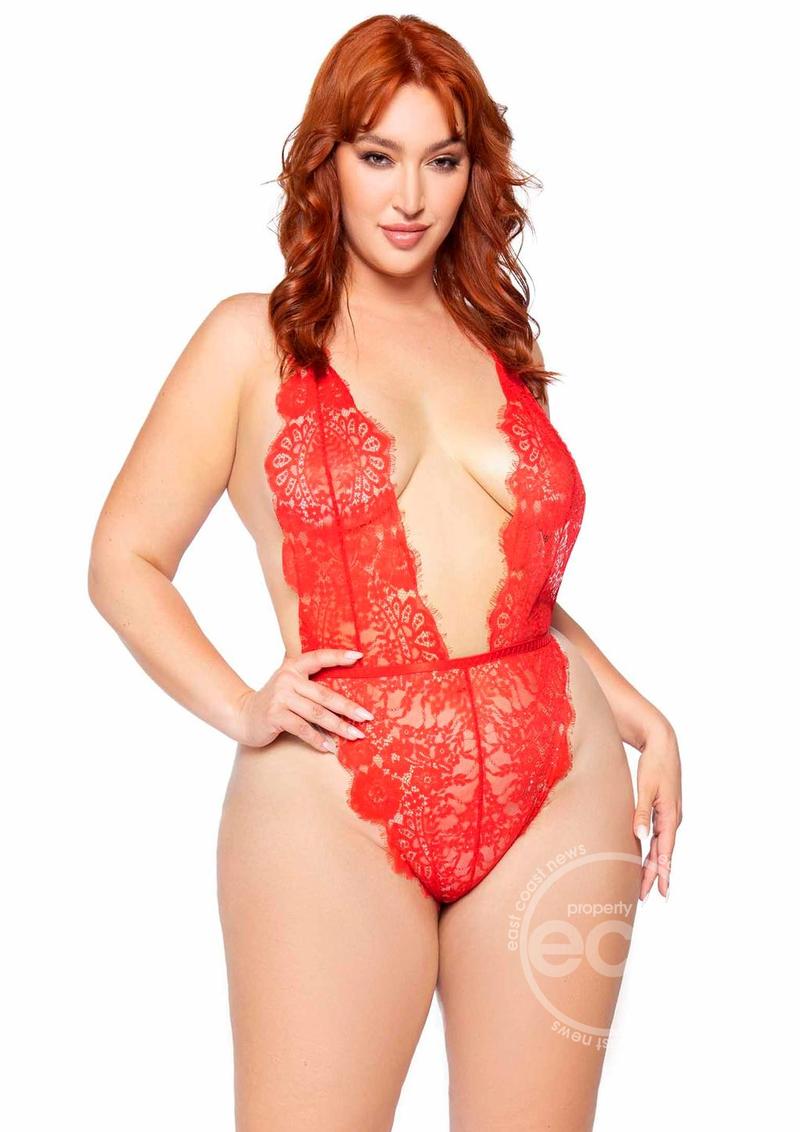 Leg Avenue Floral Lace Teddy with Adjustable Straps and Cheeky Thong Back Matching Lace Robe with Scalloped Trim and Satin Tie (3 pieces) - 1X/2X - Red