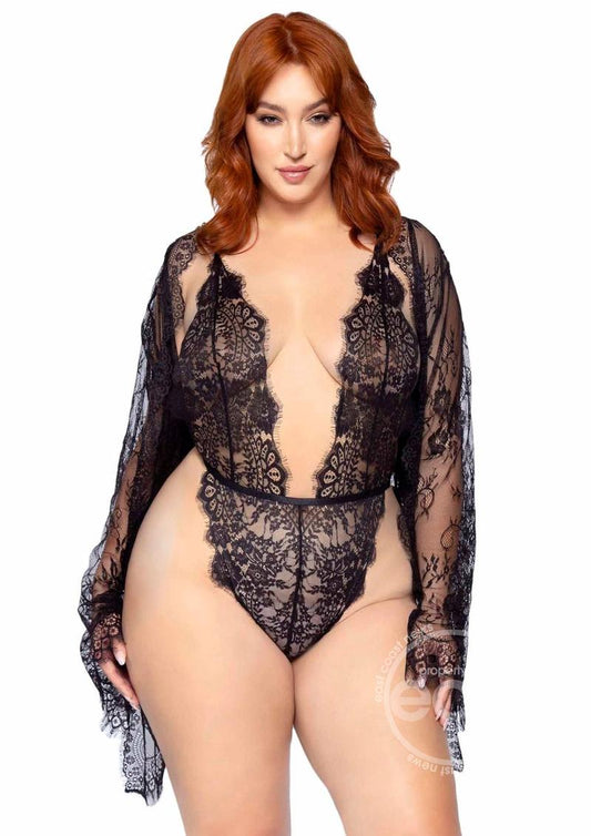 Leg Avenue Floral Lace Teddy with Adjustable Straps and Cheeky Thong Back Matching Lace Robe with Scalloped Trim and Satin Tie (3 pieces) - 1X/2X - Black