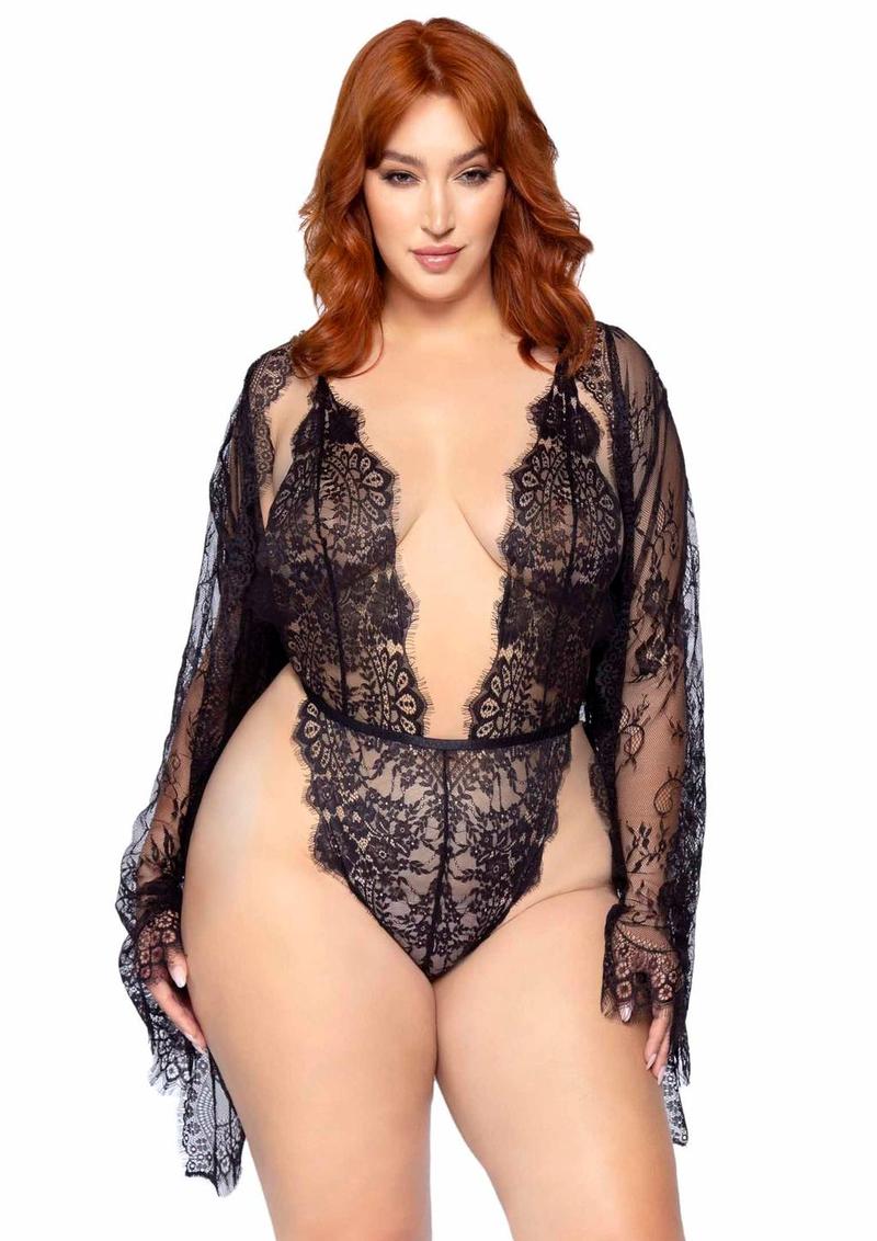 Leg Avenue Floral Lace Teddy with Adjustable Straps and Cheeky Thong Back Matching Lace Robe with Scalloped Trim and Satin Tie (3 pieces) - 1X/2X - Black