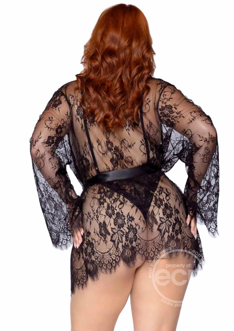 Leg Avenue Floral Lace Teddy with Adjustable Straps and Cheeky Thong Back Matching Lace Robe with Scalloped Trim and Satin Tie (3 pieces) - 1X/2X - Black