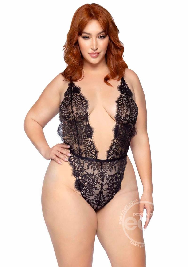 Leg Avenue Floral Lace Teddy with Adjustable Straps and Cheeky Thong Back Matching Lace Robe with Scalloped Trim and Satin Tie (3 pieces) - 1X/2X - Black