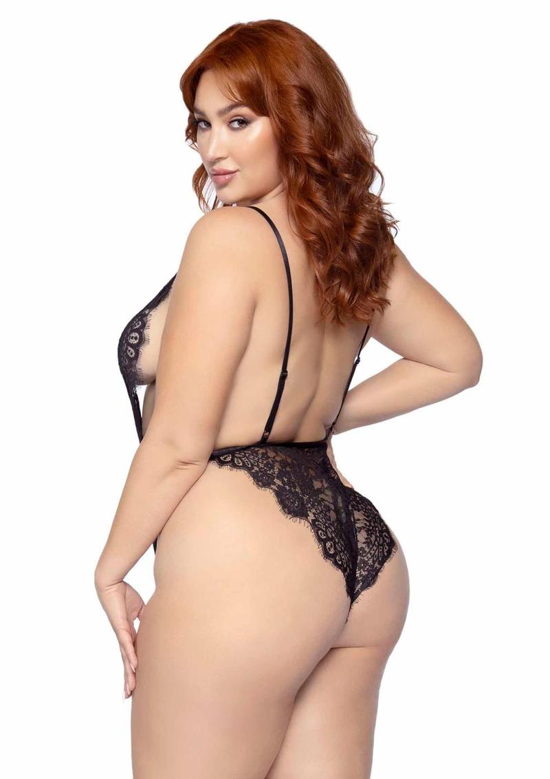 Leg Avenue Floral Lace Teddy with Adjustable Straps and Cheeky Thong Back Matching Lace Robe with Scalloped Trim and Satin Tie (3 pieces) - 1X/2X - Black