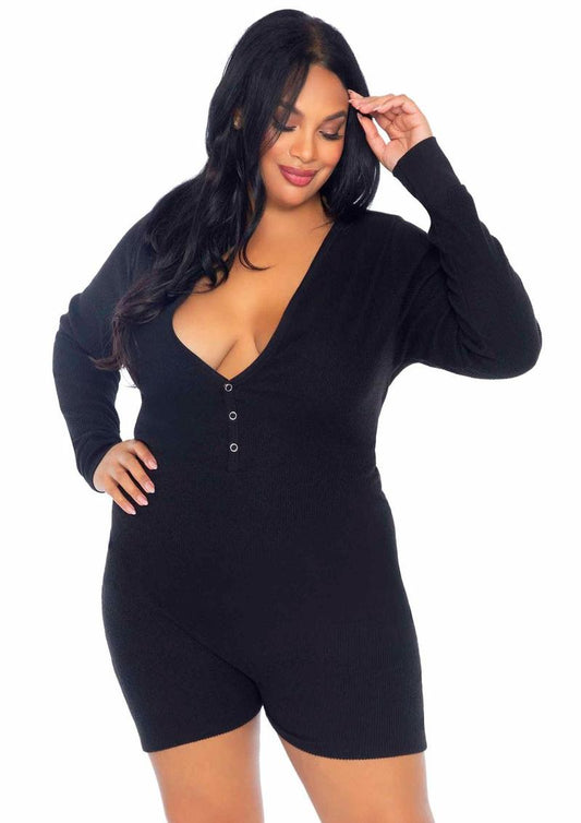 Leg Avenue Brushed Rib Romper Long Johns with Cheeky Snap Closure Back Flap - 1X/2X - Black