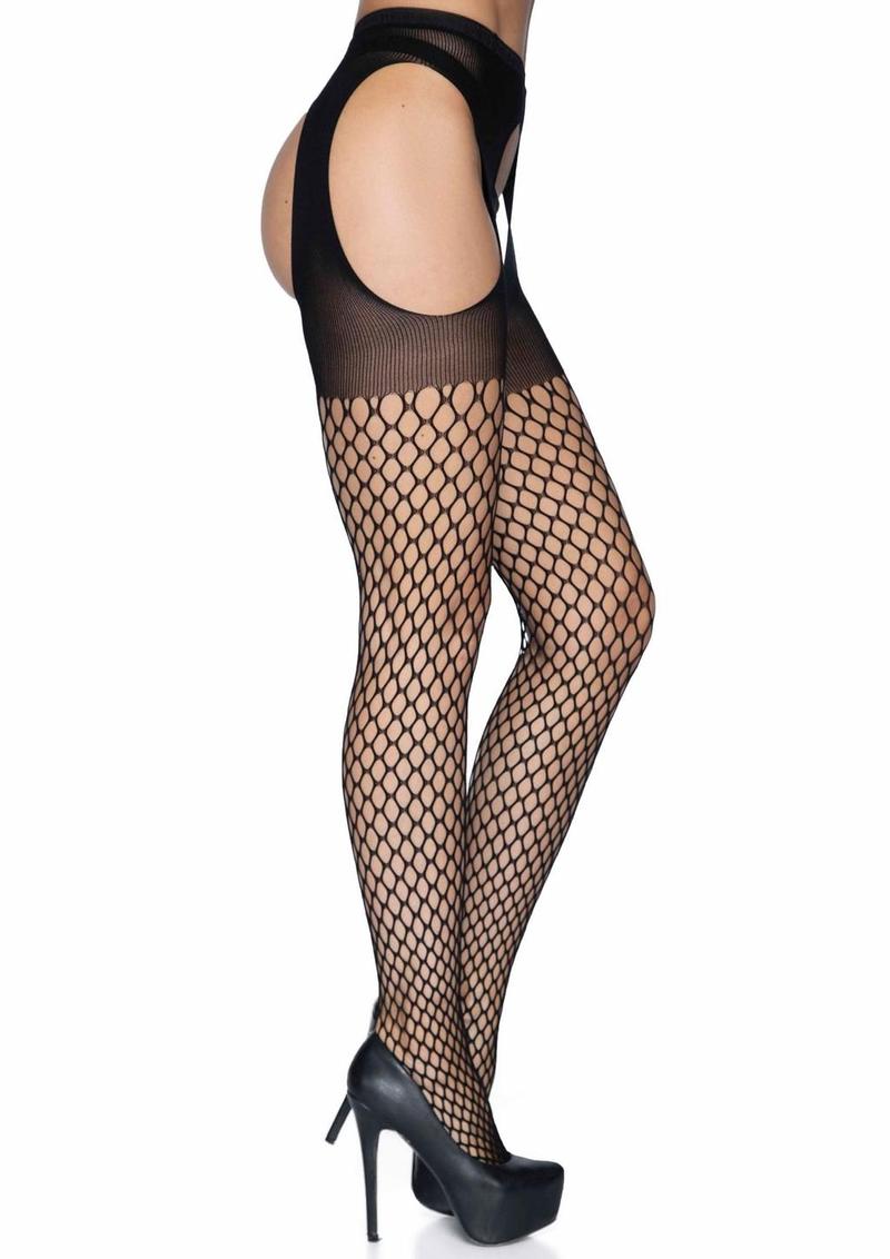 Leg Avenue Oval Net Suspender Hose with Opaque Top - O/S - Black