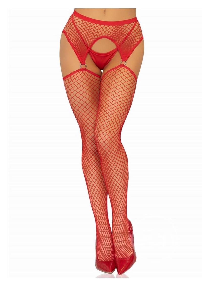 Industrial Net Stockings with O-Ring Attached Garter Belt - O/S - Red