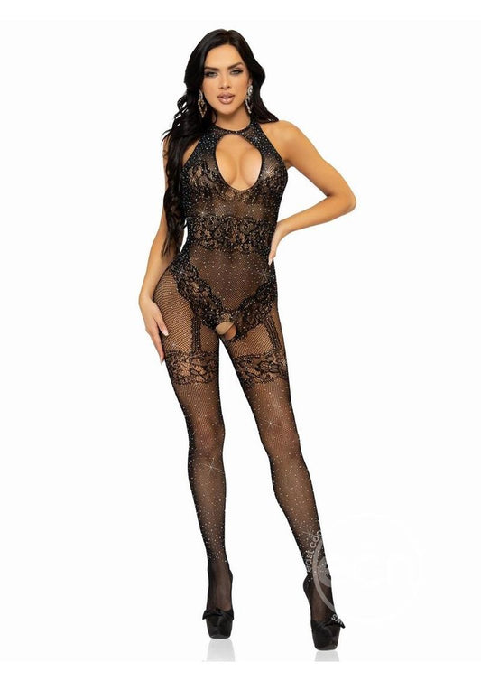 Leg Avenue Seamless Rhinestone Fishnet Bodystocking with Keyhole and Lace Lingerie Detail - O/S - Black