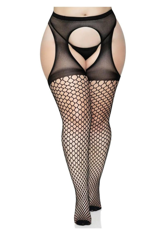 Leg Avenue Oval Net Suspender Hose with Opaque Top - 1X/2X - Black