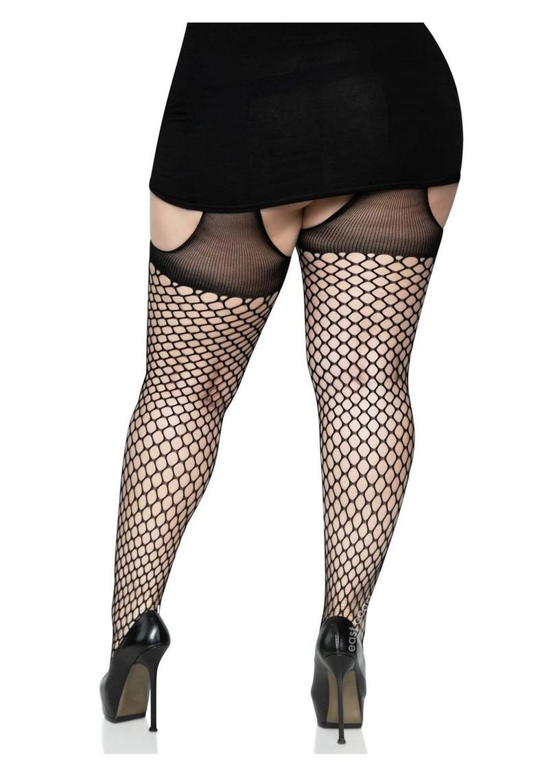 Leg Avenue Oval Net Suspender Hose with Opaque Top - 1X/2X - Black