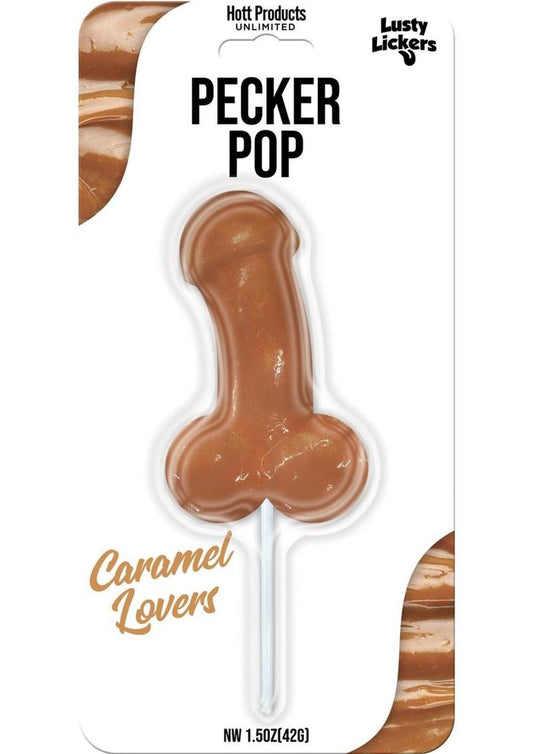 Penis shaped hard candy caramel flavored lollipop