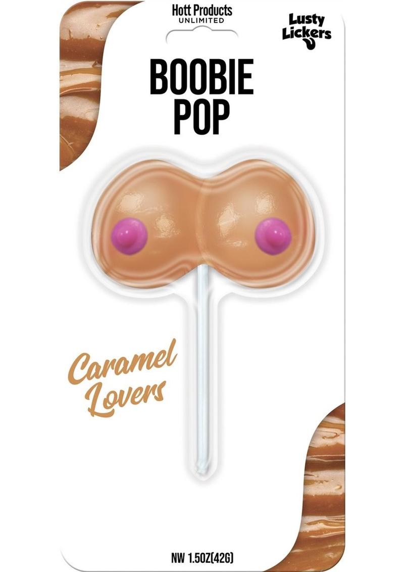 Boobie shaped hard candy caramel flavored lollipop