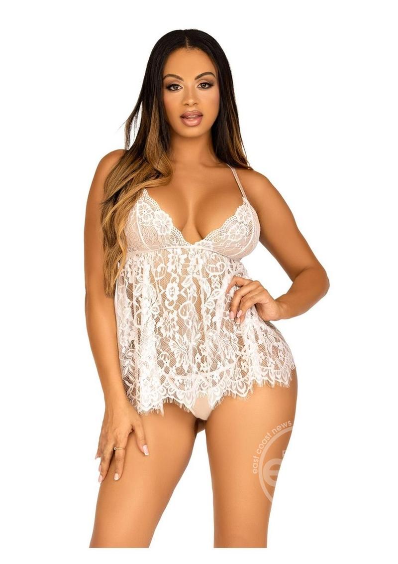 Leg Avenue Floral Lace Babydoll with Eyelash Lace Scalloped Hem Adjustable Cross-Over Straps and G-String Panty -- White