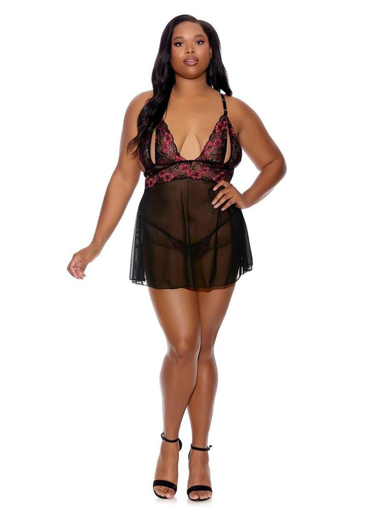 Barely Bare Split Cup Babydoll & G-String Panty - Plus Size - Black