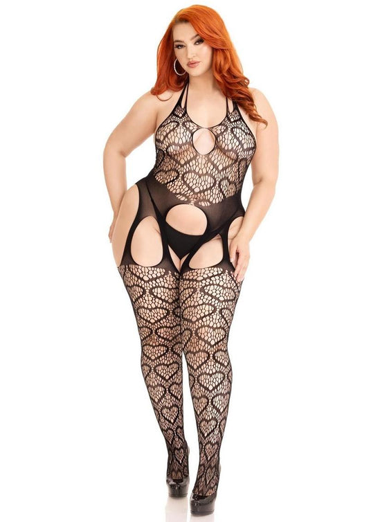 Leg Avenue Seamless Heart Net Suspender Bodystocking - 1X/2X - Black