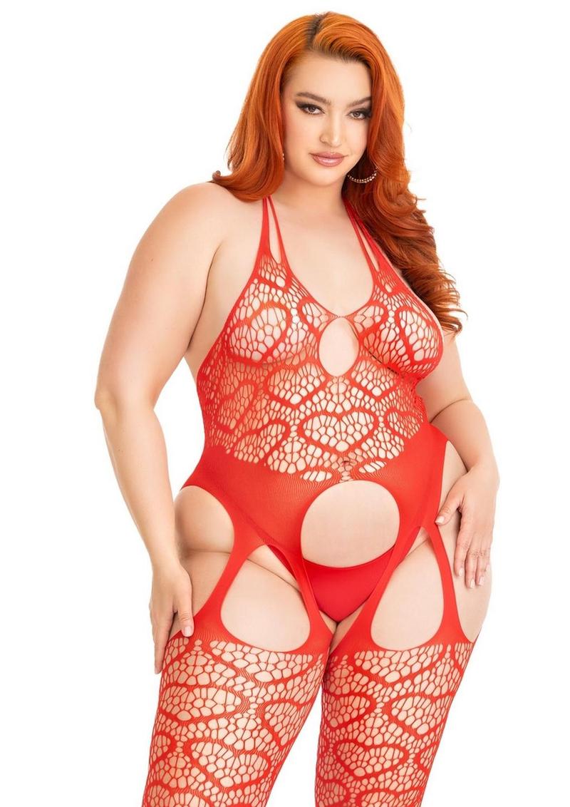 Leg Avenue Seamless Heart Net Suspender Bodystocking - 1X/2X - Red