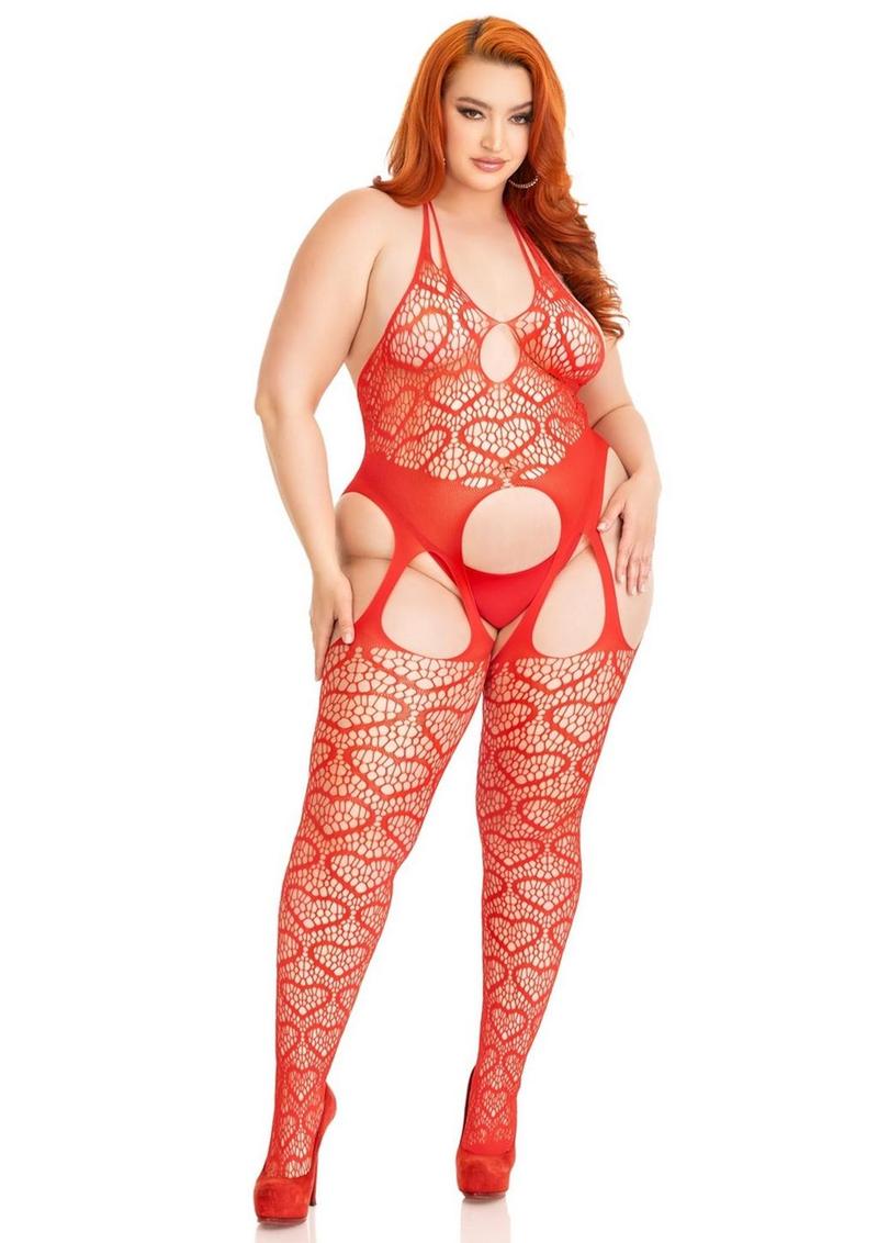 Leg Avenue Seamless Heart Net Suspender Bodystocking - 1X/2X - Red