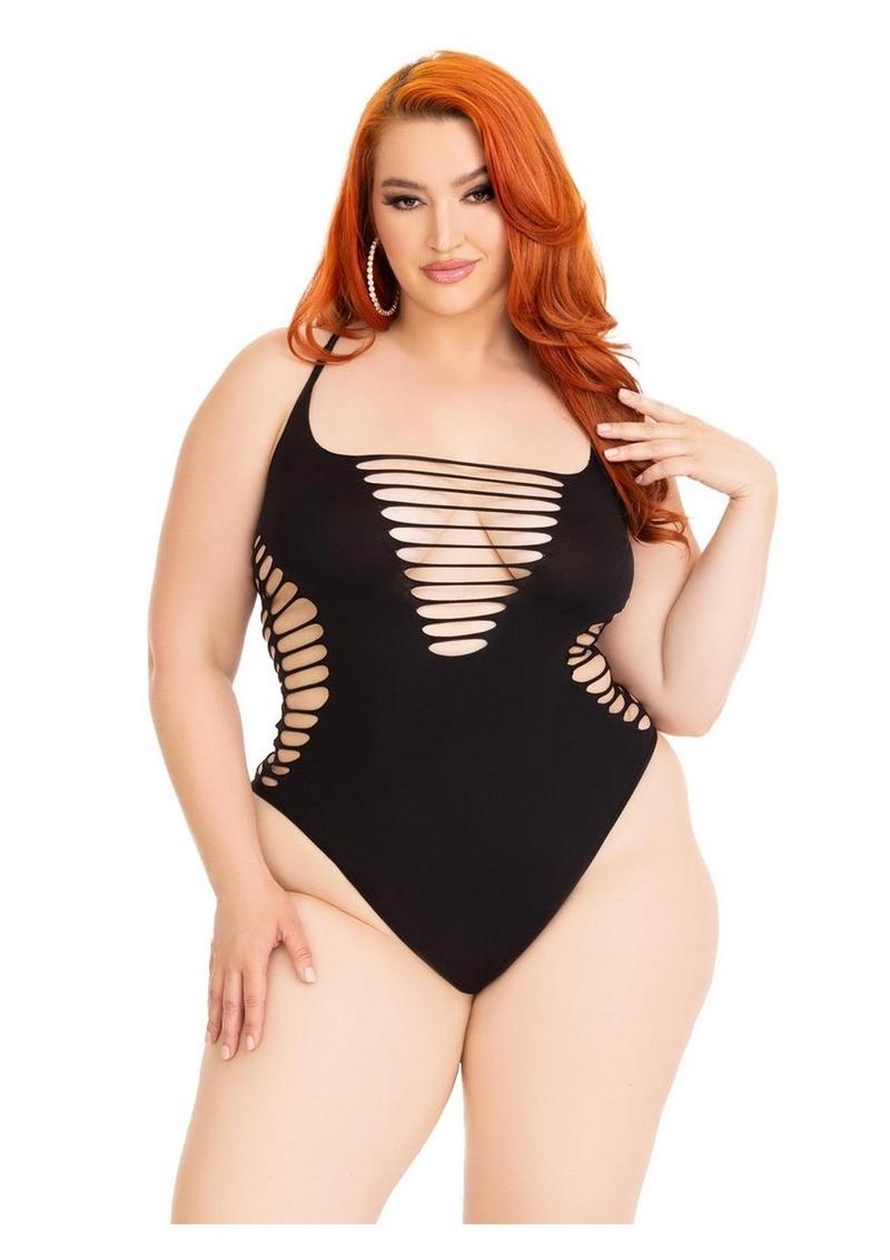 Leg Avenue Seamless Shredded Racer Back Thong Bodysuit - 1X/2X - Black