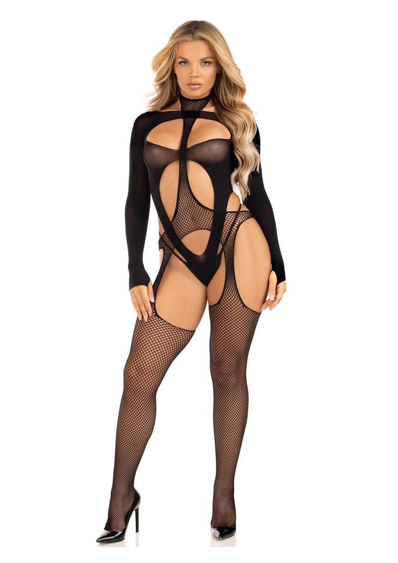 Leg Avenue Fishnet Halter Suspender Bodystocking and Layered Opaque Cut-Out Teddy (2 Piece) - O/S - Black