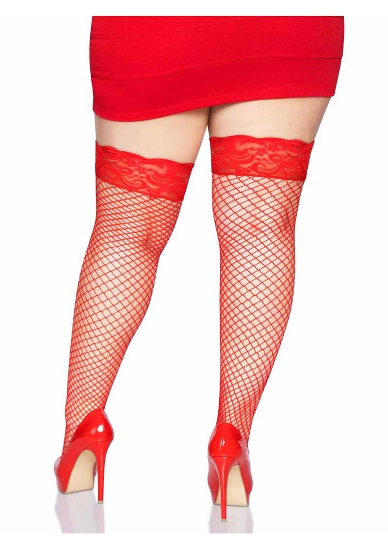 Leg Avenue Spandex Industrial Net Thigh Highs with Stay Up Silicone Lace Top - 1X-2X - Red