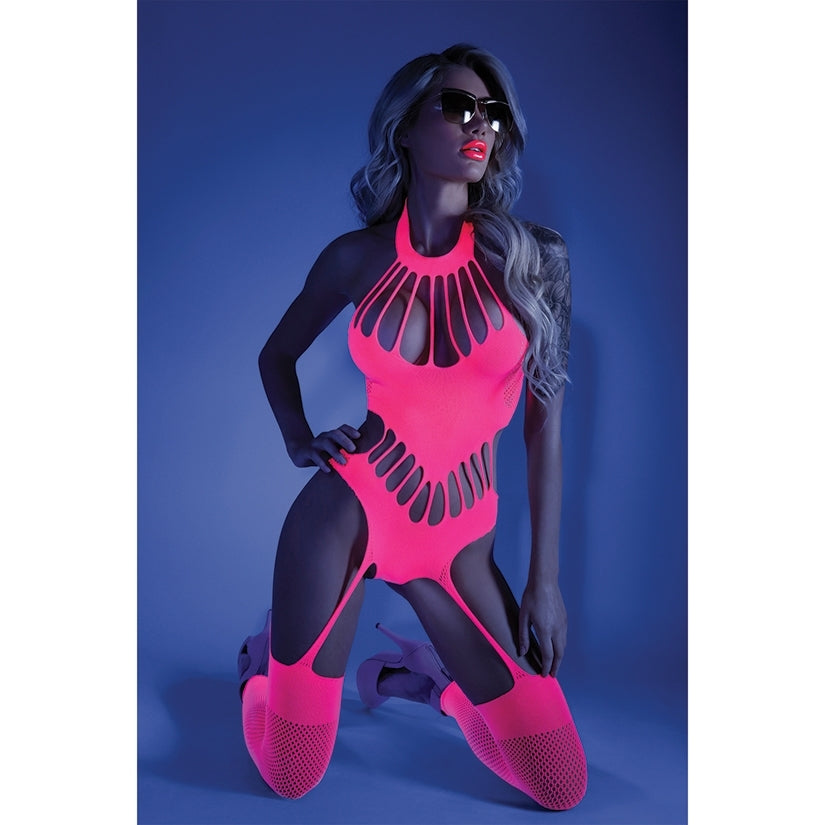 Glow No Promises Teddy Bodystocking -Neon Pink in One Size Fits Most