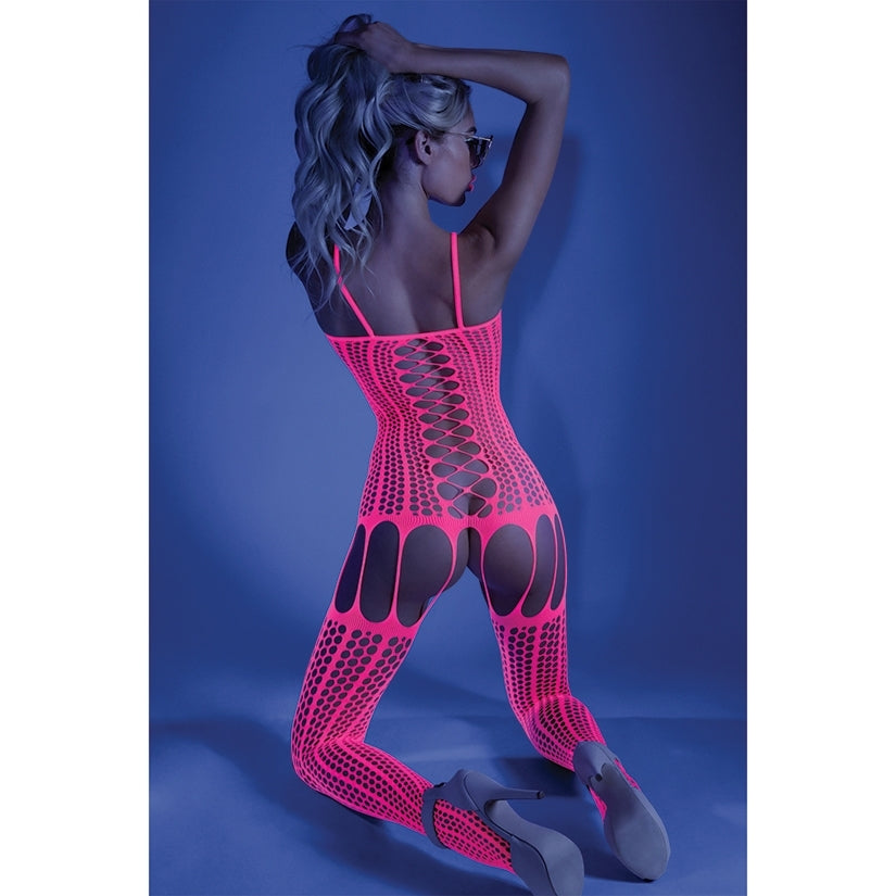 Fantasy Lingerie Glow Crisscross Stripe Bodystocking-Neon Pink O/S-